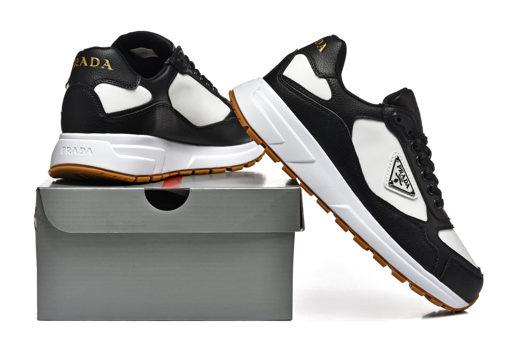 Prada Color-Block Low-Top Sneakers – Black, White & Gum