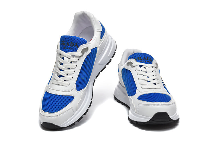 Prada Mesh-Panel Low-Top Sneakers – White & Royal Blue