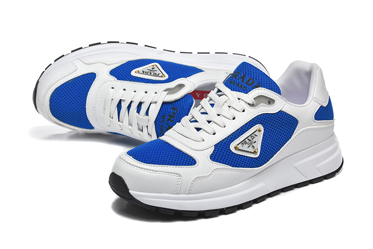 Prada Mesh-Panel Low-Top Sneakers – White & Royal Blue